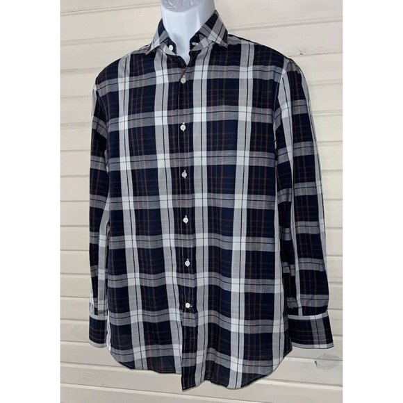 NWT Brunello Cucinelli Sz SMALL Basic Fit Button Dress Shirt Blue Plaid Italy